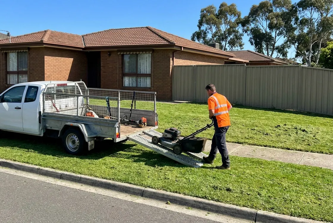 A lawn mower in a hi-vis shirt wheels a petrol mower down a trailer ramp outside a brick veneer house in Melbourne's north, with a whipper snipper and blower in the trailer