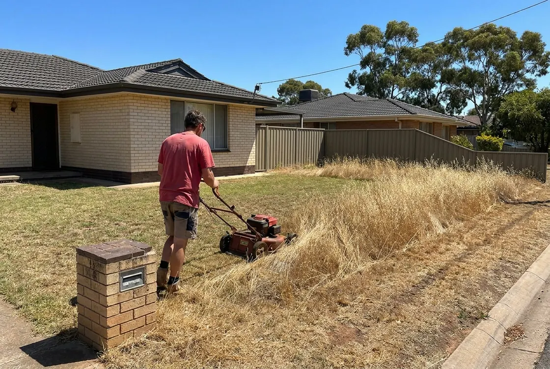 A man seen from behind pushes a petrol mower across a front lawn of knee-high straw-coloured grass outside a brick veneer house in Melbourne's north, half the lawn already cut short