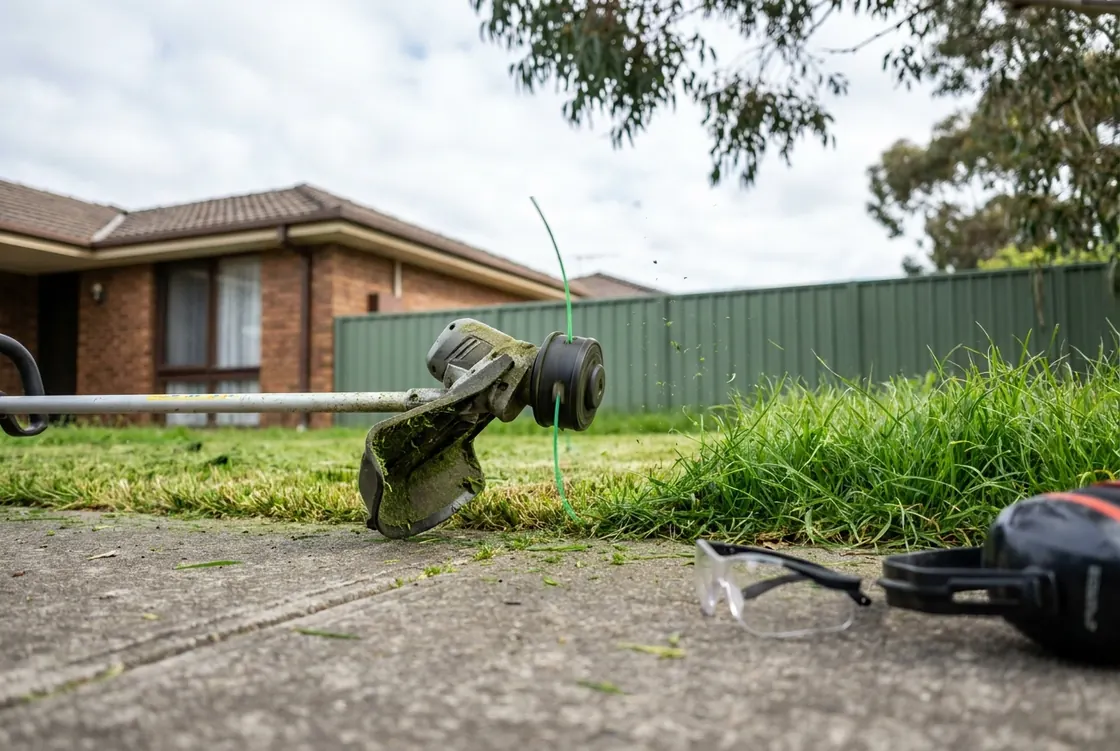 A line trimmer held with its head turned on its side against the edge of a concrete path, cutting a clean vertical line into the kikuyu beside it