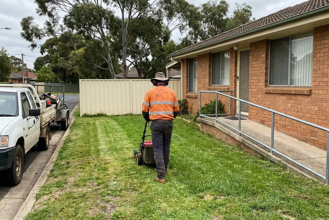 A mowing contractor seen from behind in a hi-vis shirt and wide-brim hat pushes a petrol mower across the front lawn of a brick unit in Melbourne's north, beside a concrete ramp with a steel handrail leading to the front door