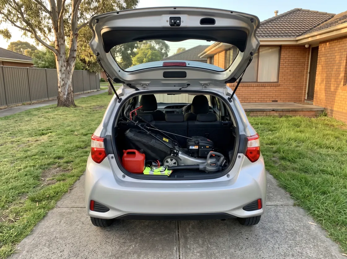 A push mower, cordless blower, fuel can and safety gear packed into the boot of a small hatchback on a Mill Park driveway