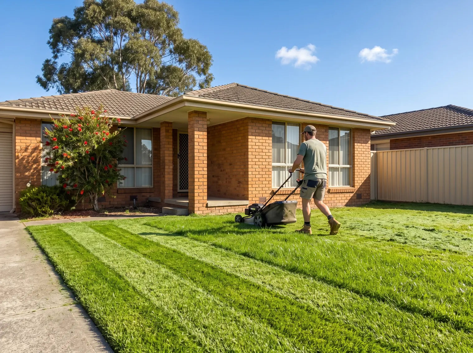 A local mower cutting fresh stripes into the front lawn of a brick home in Melbourne's north