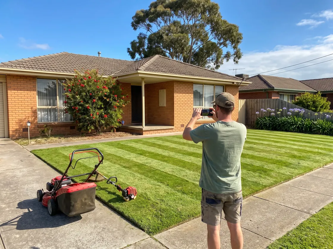 A mower photographing the freshly striped front lawn he has just finished - the photo the customer approves before paying